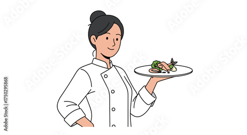 Professional female chef presenting a beautifully plated dish on a white background, ideal for culinary promotions or showcasing gastronomic expertise.