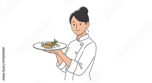 Professional chef presenting a beautifully plated dish, showcasing culinary skills and service in the food industry, ideal for restaurant menus, cooking blogs, and culinary schools