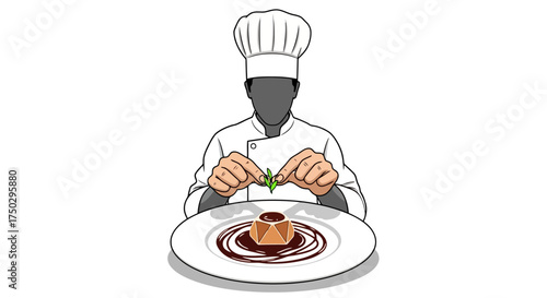 Chef Decorating Dessert with Artistic Flair, Perfect for Culinary Arts Education, Restaurant Menus, or Food Blog Illustrations, Aligned to Adobe Stock Standards