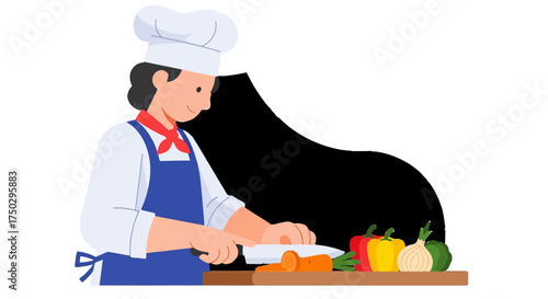 Professional chef skillfully chopping fresh vegetables for a healthy and delicious meal preparation. Ideal for illustrating culinary arts, cooking demonstrations, or healthy eating guides.