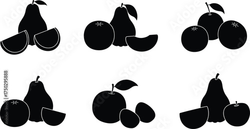 Fruit silhouettes, pear apple orange, melon slice vector, healthy food icons, nutrition design, fresh fruit set, organic diet, wellness illustration