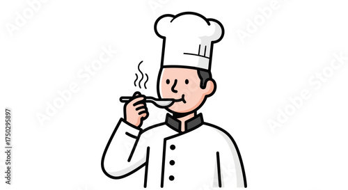 Illustrated Chef Tasting Food with a Spoon, Emphasizing Culinary Expertise and Quality Assurance for Food Industry, Restaurant Marketing, or Cooking Education Materials
