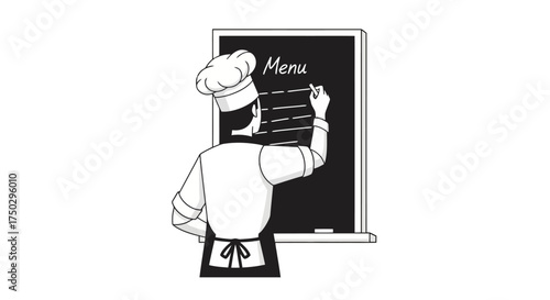Illustration of a Chef Writing a Menu on a Chalkboard for Restaurant Promotion and Culinary Arts Education, Ideal for Menus, Food Blogs, and Culinary School Materials