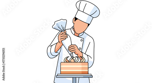 Skilled pastry chef delicately decorating a cake with cream, illustrating culinary arts and professional baking for dessert enthusiasts and bakery promotions.