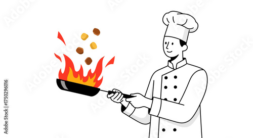 Minimalist illustration of a chef cooking with flames. Perfect for culinary blogs, restaurant websites, and instructional cooking materials.