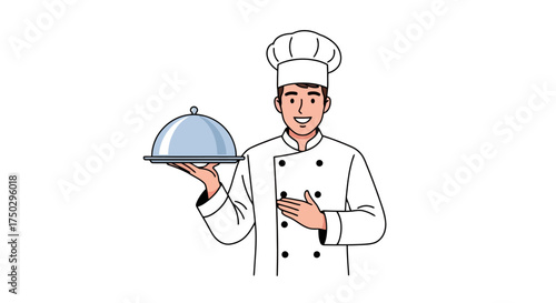 Smiling Chef Holding Silver Platter with Dome Cover, Ideal for Restaurant Menus, Culinary Presentations, and Food Service Industry Illustrations.