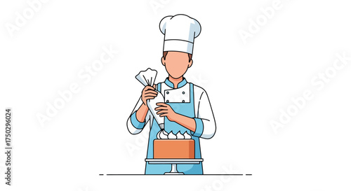 Baker Decorating Cake with Cream, Showcasing Culinary Art and Professional Baking Skills for Use in Recipe Illustrations and Baking Education Materials.