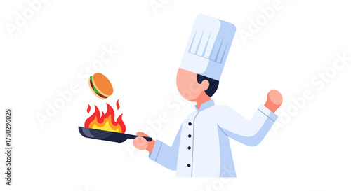 Cartoon chef expertly flipping a burger with flames in a frying pan, perfect for culinary schools, food blogs, or cooking illustration projects.