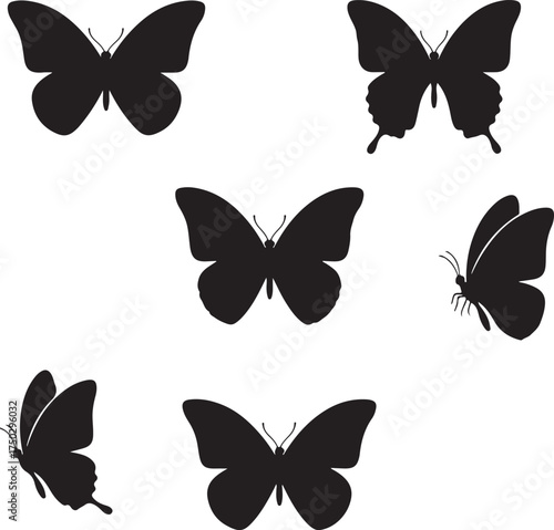 Butterflies' Silhouette: A collection of intricate butterfly silhouettes poised gracefully against a background, embodying the ethereal beauty of nature in a timeless dance.