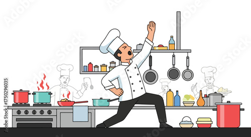 Energetic Chef Celebrating Culinary Success in a Vibrant Kitchen Illustration. Suitable for promoting cooking classes, restaurant services, or food-related media.