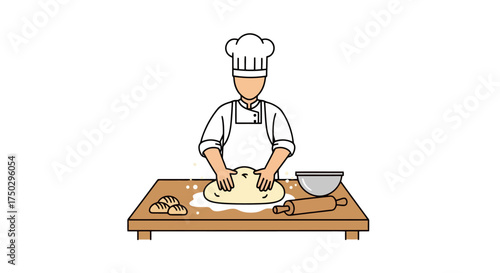 Baker skillfully kneading dough on a wooden table, symbolizing culinary artistry, ideal for illustrating baking processes and food preparation for recipe websites.