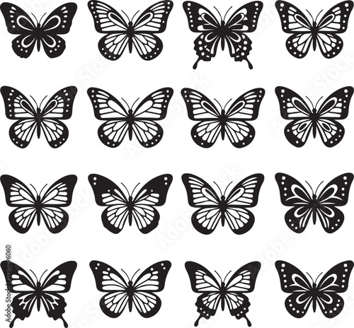Butterflies Silhouettes: A collection of graceful butterflies, artfully rendered in monochromatic silhouettes. Each creature, a testament to the delicate beauty of the insect world.