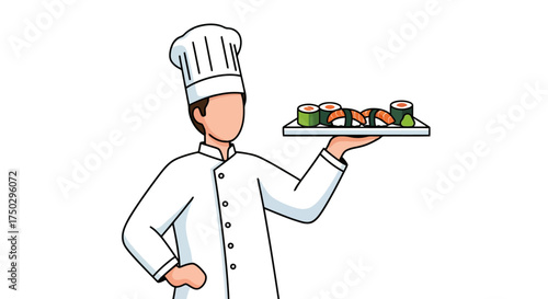 Cartoon Chef Presenting Sushi Platter, Perfect for Culinary Education, Restaurant Menus, and Food Blog Illustrations, Targeting Food Enthusiasts and Culinary Professionals.