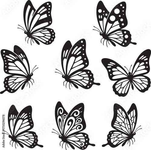 Ornate Butterfly silhouettes :  A collection of intricate butterfly silhouettes, each displaying unique patterns and wing designs, creating a sense of artistic charm and delicate elegance.