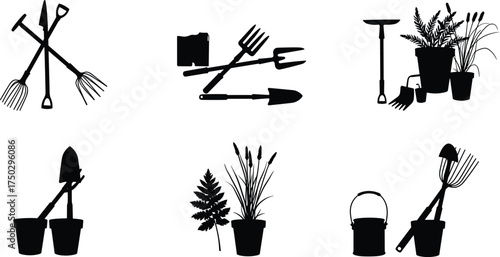 Gardening silhouette icons, tools and potted plants, shovel, rake, hoe, watering can, bucket, outdoor hobby, agriculture, garden care illustration