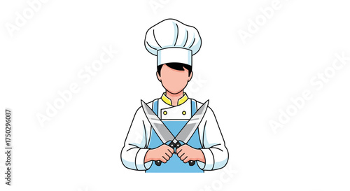 Culinary Professional Cartoon Illustration Featuring a Chef with Crossed Knives for Restaurant Branding and Food Industry Graphics