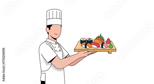 Chef Presenting Sushi Platter Illustration for Restaurant Menus, Culinary Blogs, and Japanese Food Promotion Projects