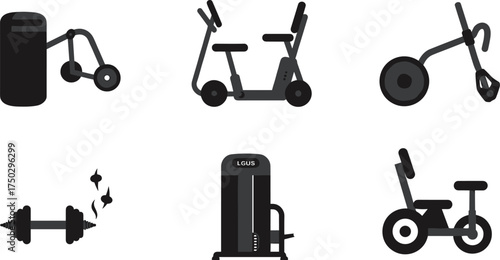 Gym equipment silhouette icons, fitness workout tools, punching bag, exercise bike, ab roller, barbell, weight machine, strength training illustration