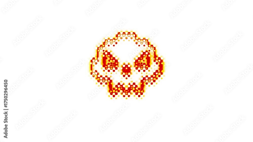 Pixel art style human skull symbol animation on white background with ...