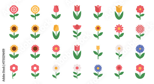 Colorful Flower Icon Set,  Vector Illustrations of Tulips, Sunflowers, Daisies, and Blossoms for Spring Design, Nature Decoration, Botanical Art, and Floral Graphics