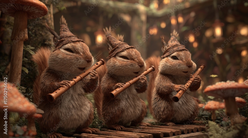 Naklejka premium Three woodland creatures in conical hats play flutes in a magical forest setting with glowing lights