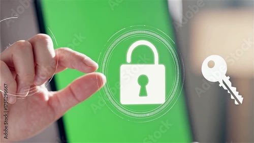Hand interacts with digital padlock and key on green screen, symbolizing security and access.