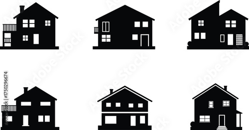 House silhouettes collection, residential building icons, modern home design, suburban architecture illustration, real estate artwork, family dwelling structures, property development concept