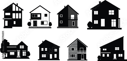 House silhouettes collection, residential architecture icons, modern home design, suburban housing illustration, real estate concept artwork, family dwelling structures, property development
