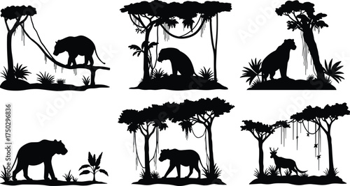 Jungle silhouettes, tapir and deer, tropical forest, wildlife vector, rainforest animals, nature illustration, biodiversity, wild habitat, exotic fauna design