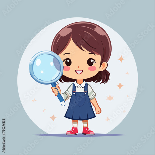 A cheerful young girl in a playful cartoon style holding a large magnifying glass with a curious expression on her face in a whimsical setting with stars.