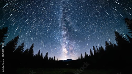 Cinematic timelapse of star trails above dark trees under clear night sky.