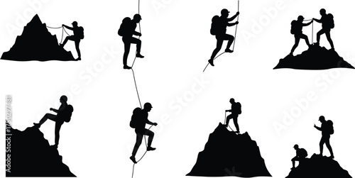 Mountain climber silhouettes, hiking teamwork icons, adventure sport design, rope climbing illustration, outdoor exploration concept, wilderness trekking posture, extreme challenge activity