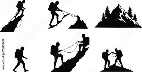 Mountain climbing silhouettes, hiking adventure icons, outdoor exploration design, teamwork support concept, natural landscape illustration, extreme sport activity, wilderness trekking posture