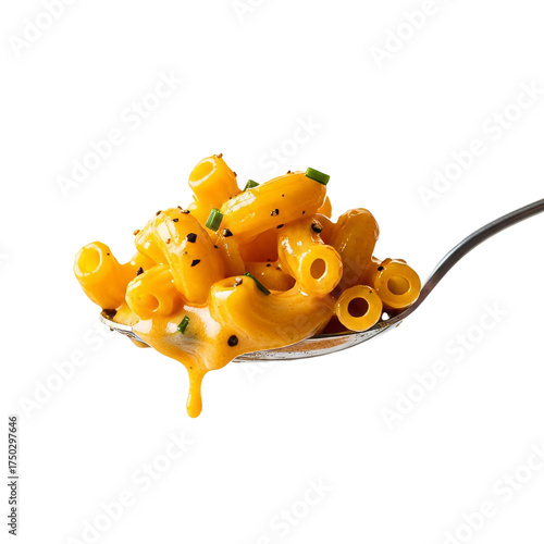 Mac and cheese spoonful suspended in air, creamy texture, no background, realistic.