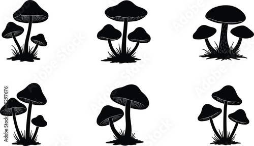 Mushroom silhouette icons, fungi clusters, forest plants, wild nature, edible mushrooms, botanical design, organic food, natural growth illustration