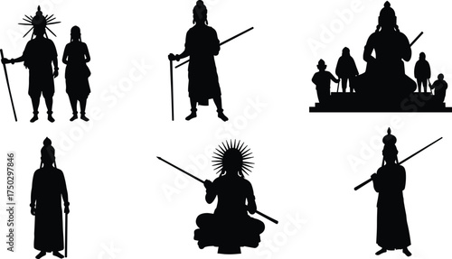 Mythological silhouettes with staffs, traditional cultural figures, spiritual ceremony illustration, ancient heritage design, symbolic characters art