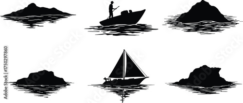 Nautical silhouettes, fishing boat, sailboat, rocky island, ocean waves, coastal landscape, maritime scene, sea travel, water adventure, marine illustration vector