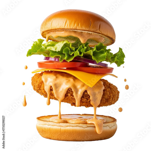Chicken burger floating midair with sauce dripping, no background, realistic.