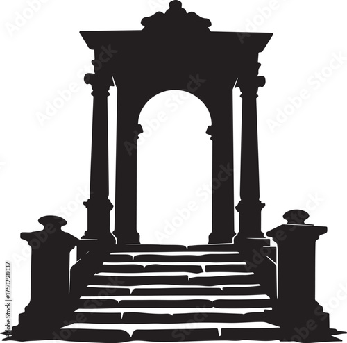 Black silhouette of ancient stone archway with steps