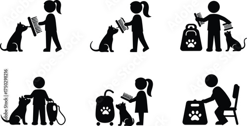 Pet care silhouette icons, people grooming dogs and cats, cleaning with vacuum, pet carrier, animal care, domestic pets, veterinary illustration