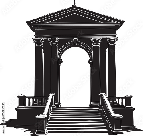 Black silhouette of classical architecture with arch and stairs