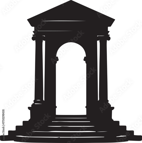 Black silhouette of classical temple entrance with arch and stairs