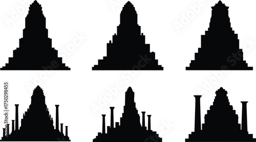 Pyramid silhouette icons, ziggurat structures, ancient architecture, stepped temples, historical monuments, cultural heritage, archeology design, classical building illustration