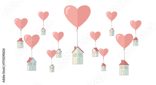 Heart Balloon Lifted Houses on White Background for Real Estate, Love, and Homeownership Concepts, Suitable for Valentine's Day or Housing Market Promotions