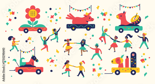 Festive Children's Parade Illustration with Cheerful Characters and Colorful Floats, Perfect for Educational Materials and Celebratory Event Designs.