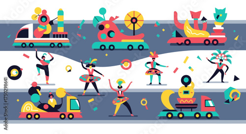 Vibrant and Whimsical Carnival Parade Illustration for Festive Celebrations and Event Promotion, Suitable for Children's Content and Cultural Design Projects
