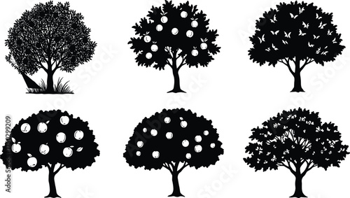 Silhouette fruit trees, vector illustration, black tree designs with apples, isolated orchard trees, nature and agriculture elements, tree icon set