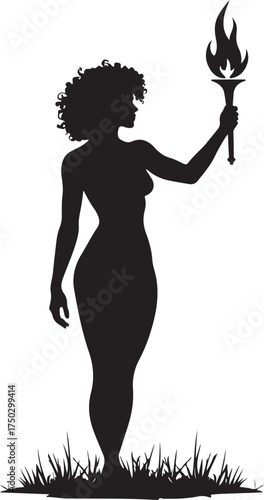Black silhouette woman holding flaming torch standing on grass