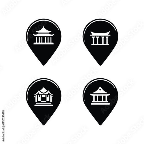 Black Location Pin Icons with Historic and Cultural Landmark Symbols