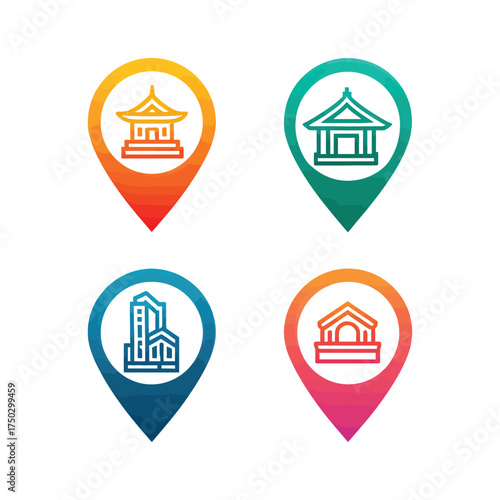 Colorful Location Pins with Historic and Government Building Icons